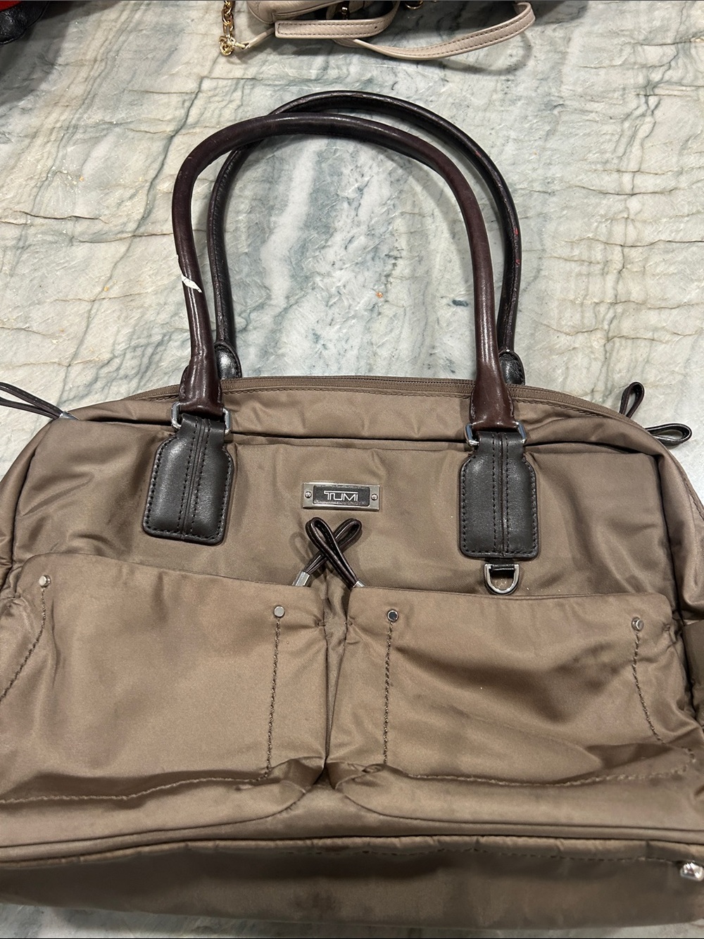 Tumi Taupe Nylon Laptop Tote with Brown Leather Handles